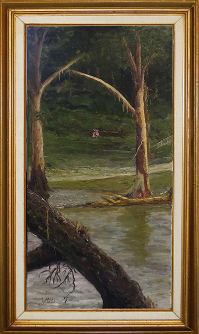 “After the Flood” Wimberley 2015 on the Blanco While searching for a lost dog near our water park on the Blanco, I found an empty 15” x 30" picture frame stuck up in a tree - right across the river from where Mr. McComb was rescued. I thought I should do a painting to fill the frame and donate it to flood relief. I took a picture of the devastation nearby. Through the stripped cypress trees I saw a tattered American flag draped over the debris in the background... I felt it was a sign of hope amidst the loss. Auctioned for the Benefit https://goo.gl/eiofOW
