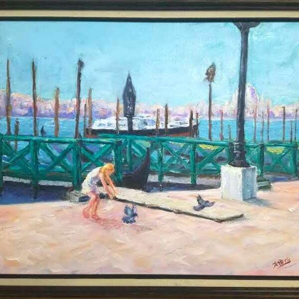 Girl Chasing Pigeons in Venice, Oil - $550  16x20