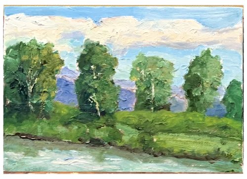 Trees by River 5x7 oil