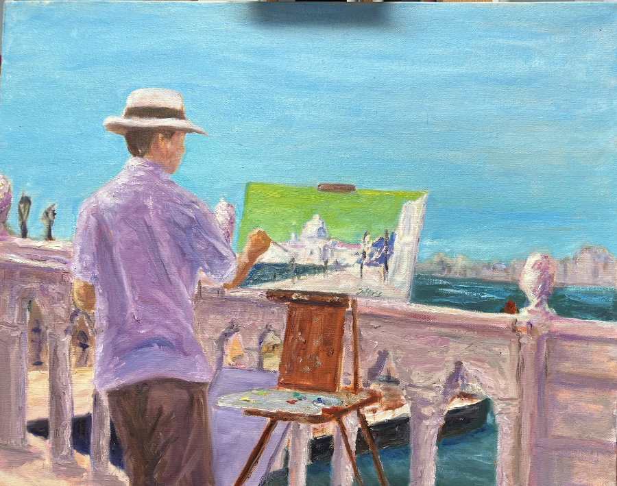 Painter Painting in Venice, $550, Oil, 16x20 I signed on the painter's painting.
